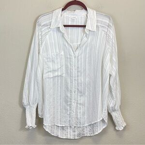Blu Pepper Striped Smocked Cuffs Relaxed Fit Button Down Shirt White Size M
